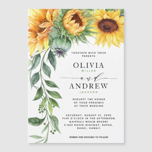 Elegant Sunflower Watercolor Modern Wedding Invite - Are you using sunflowers in your bouquet or in your centerpiece decorations? Then you will love these modern watercolor sunflower wedding invitations! The invitation features a watercolor sunflower cascade on the left and a modern font layout with hand-lettering. These are great for your country weddings, fall weddings, rustic weddings, and anyone who absolutely loves sunflowers.
