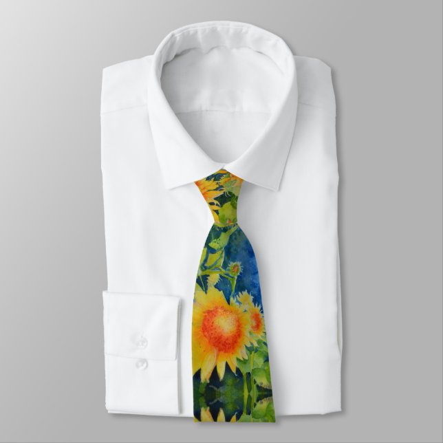 Elegant sunflower watercolor painting neck tie (Tied)