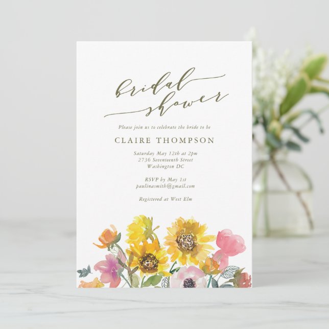 Elegant Sunflower Watercolor Script Bridal Shower Invitation (Standing Front)