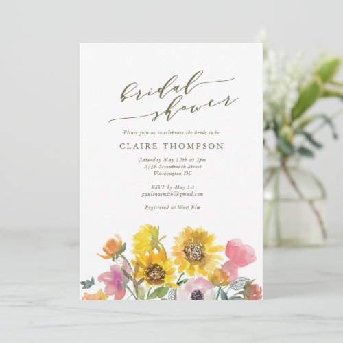 Elegant Sunflower Watercolor Script Bridal Shower Invitation