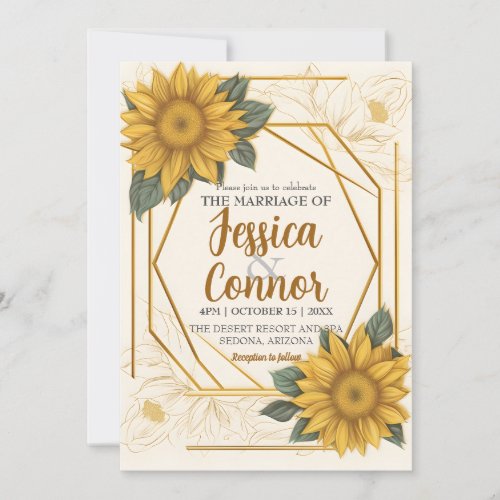 Elegant Sunflower Wedding Drawing Line Gold Frame Invitation