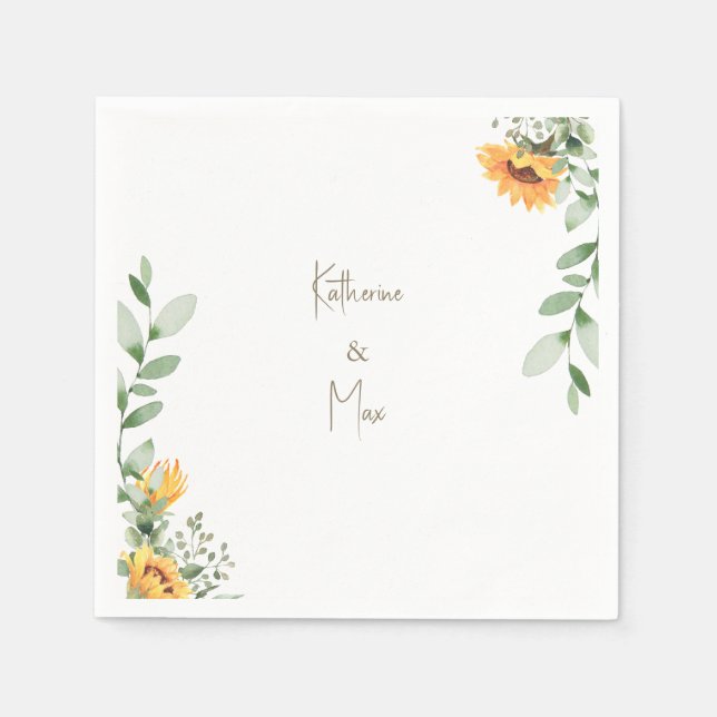 Elegant Sunflower Wedding Gold Text Cocktail Napkins (Front)