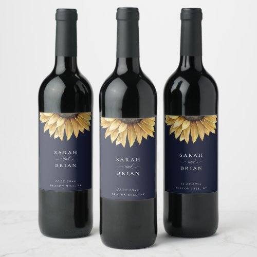 Elegant Sunflower Wedding Navy Blue Wine Label