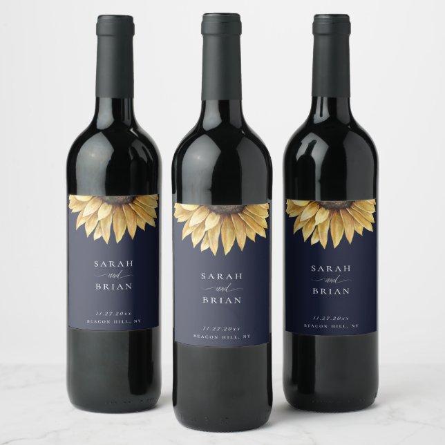 Elegant Sunflower Wedding Navy Blue Wine Label (Bottles)