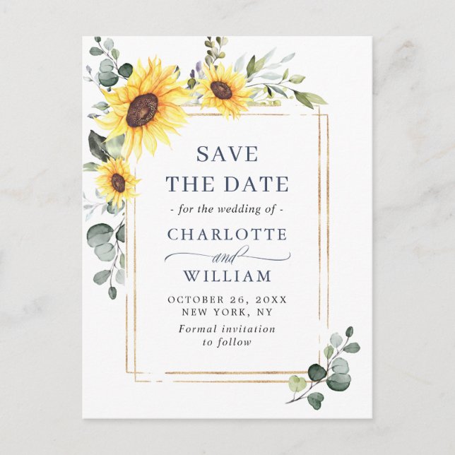Elegant Sunflower Wedding Save the Date QR Code Postcard (Front)