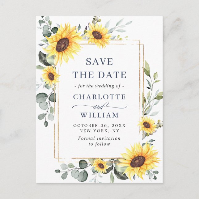 Elegant Sunflower Wedding Save the Date QR Code Postcard (Front)