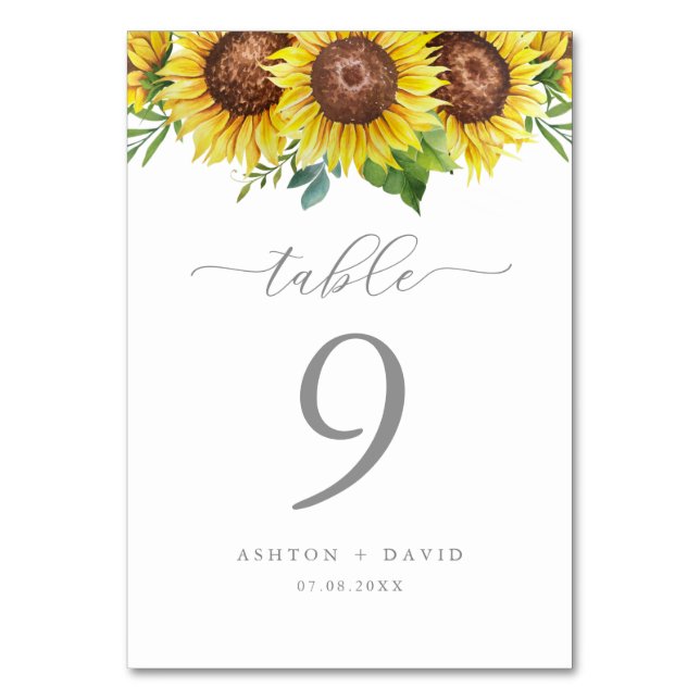 Elegant Sunflower Wedding Table Number Card (Front)