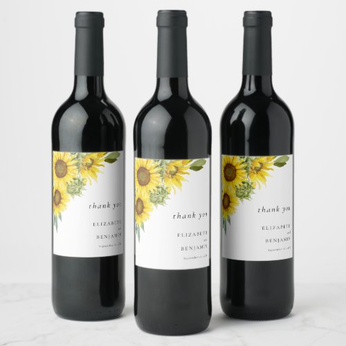 Elegant Sunflower Wedding Watercolor Floral Fall Wine Label