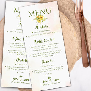 Elegant Sunflower Yellow Cute Floral Wedding Party Menu
