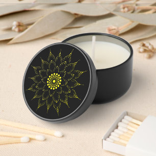 Elegant Sunflower Yellow Floral Mandala on Black Mini Candle Favors