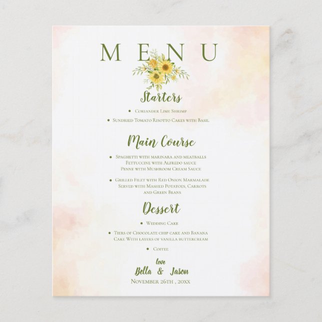 Elegant Sunflower Yellow Floral Wedding Party Menu (Front)