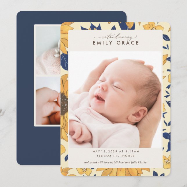 Elegant Sunflower Yellow Photo Birth Announcement (Front/Back)