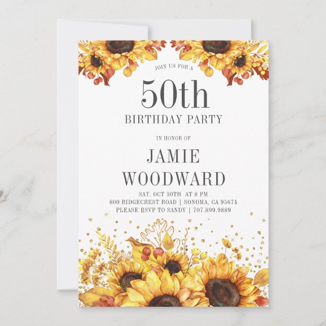 Elegant Sunflowers 50th Birthday Invitation (Front)