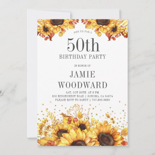 Elegant Sunflowers 50th Birthday Invitation