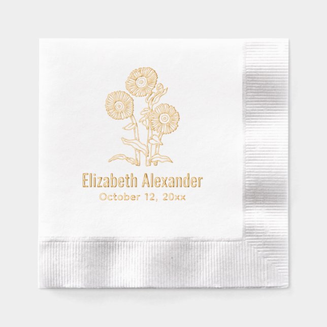 Elegant Sunflowers #6 Name Date Foil Napkins (Front)