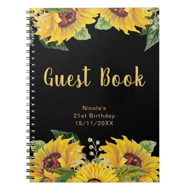 Elegant Sunflowers and Foliage Birthday Guest Book (Front)
