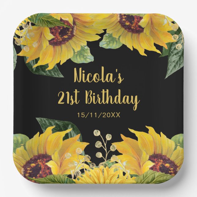 Elegant Sunflowers and Foliage Birthday Party Paper Plates (Front)
