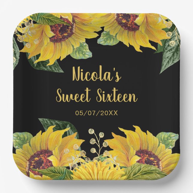 Elegant Sunflowers and Foliage Sweet Sixteen Paper Plates (Front)