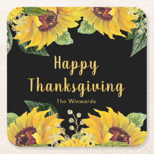 Elegant Sunflowers and Foliage Thanksgiving Party Square Paper Coaster
