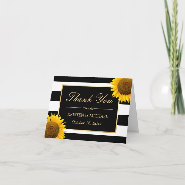 Elegant Sunflowers Black White Stripes Thank You Card (Front)