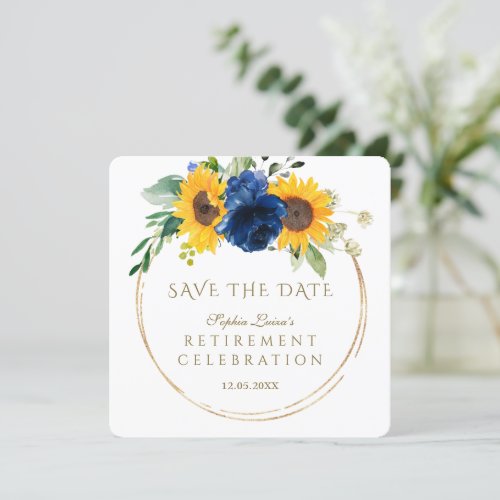Elegant Sunflowers Blue Floral Gold Retirement  Save The Date