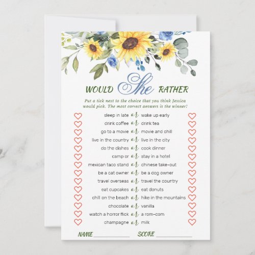 Elegant Sunflowers Bridal Shower Game Card