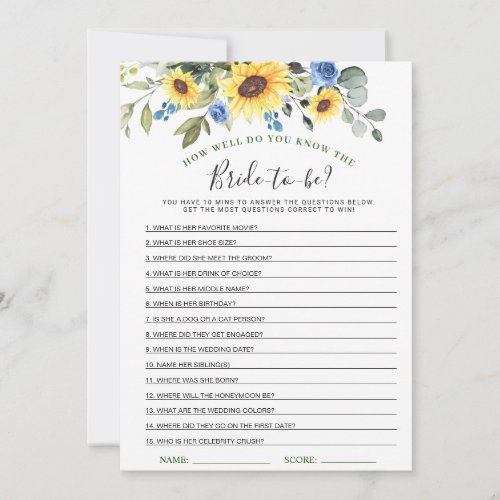 Elegant Sunflowers Bridal Shower Game Card