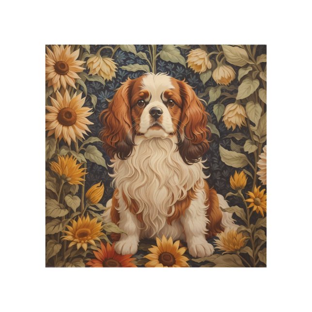 Elegant Sunflowers Cavalier King Charles Spaniel  Wood Wall Art (Front)