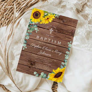 Elegant Sunflowers Cross Baptism Invitation