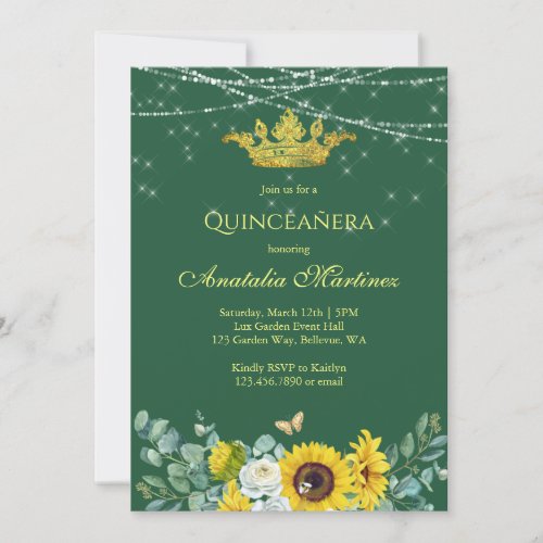 Elegant Sunflowers Emerald Green Quinceanera Invitation