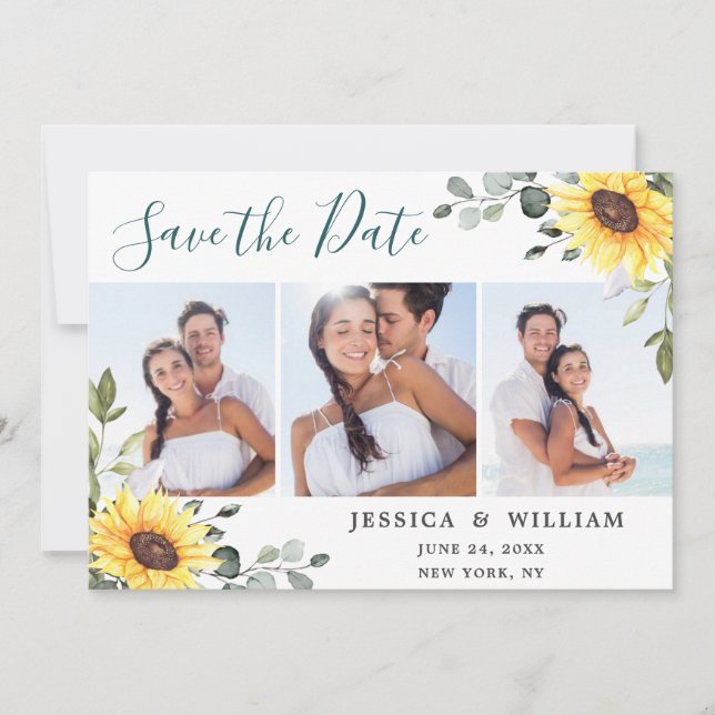 Elegant Sunflowers Eucalyptus 3 PHOTO Wedding Save The Date (Front)