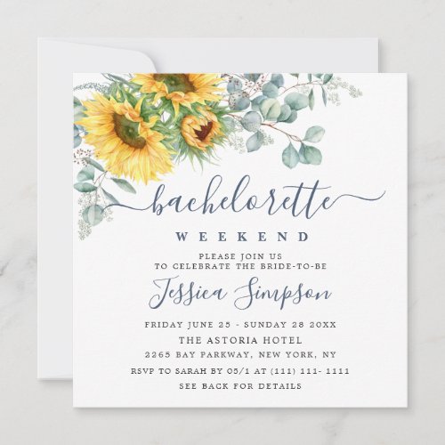 Elegant Sunflowers Eucalyptus Bachelorette Weekend Invitation