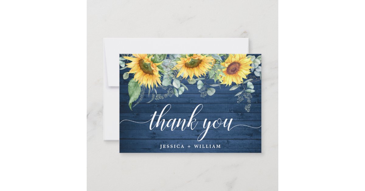 Elegant Sunflowers Eucalyptus Blue Wood Rustic Thank You Card | Zazzle