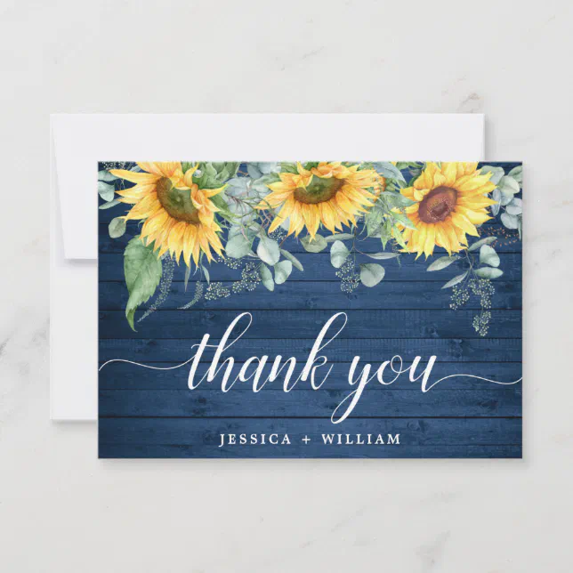Elegant Sunflowers Eucalyptus Blue Wood Rustic Thank You Card | Zazzle