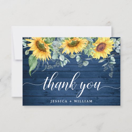 Elegant Sunflowers Eucalyptus Blue Wood Rustic Thank You Card