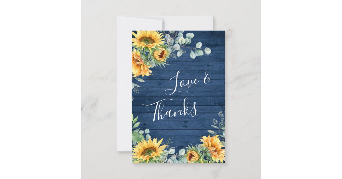 Elegant Sunflowers Eucalyptus Blue Wood Rustic Thank You Card | Zazzle