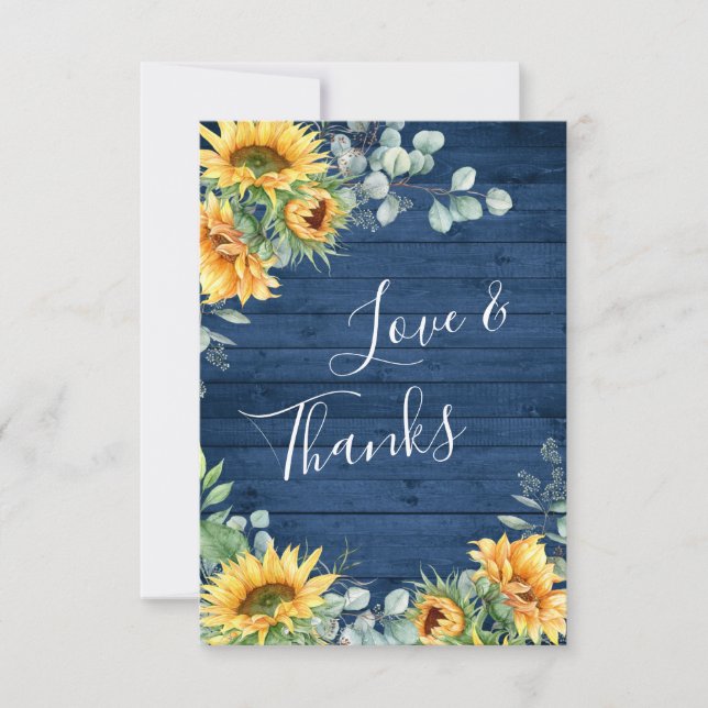 Elegant Sunflowers Eucalyptus Blue Wood Rustic Thank You Card (Front)
