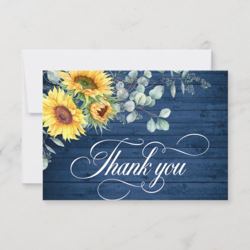 Elegant Sunflowers Eucalyptus Blue Wood Rustic Thank You Card