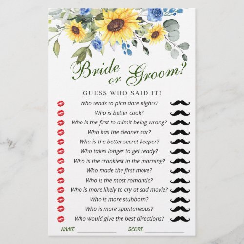 Elegant Sunflowers Eucalyptus Bridal Shower Game