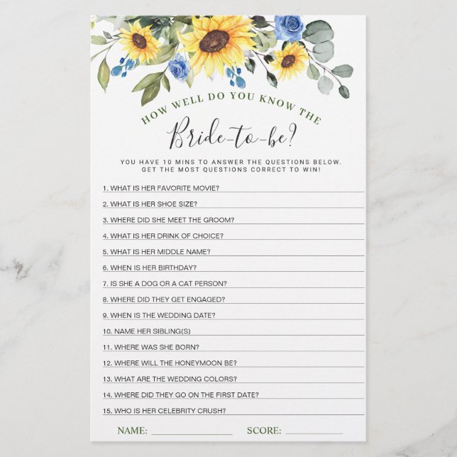 Elegant Sunflowers Eucalyptus Bridal Shower Game (Front)