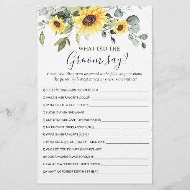 Elegant Sunflowers Eucalyptus Bridal Shower Game (Front)
