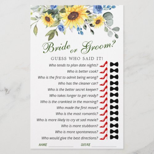 Elegant Sunflowers Eucalyptus Bridal Shower Game