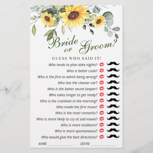 Elegant Sunflowers Eucalyptus Bridal Shower Game