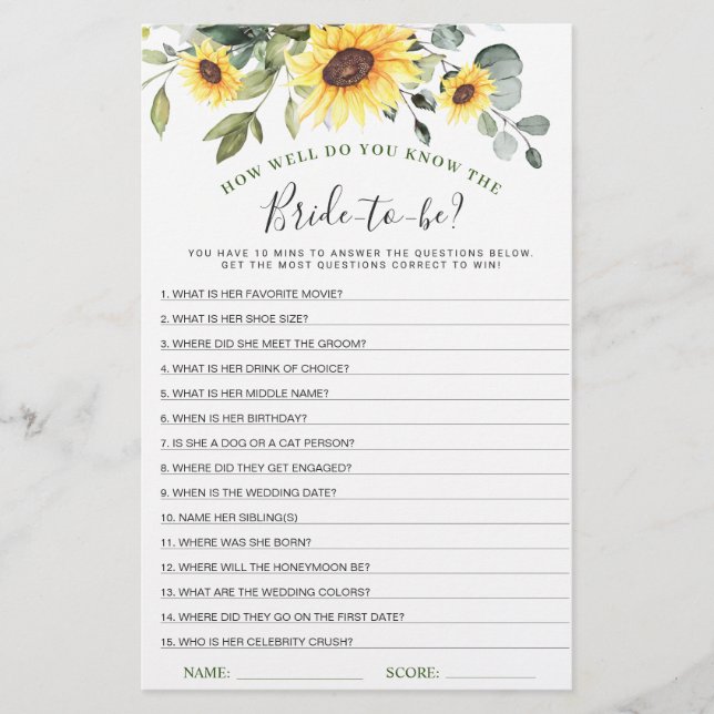 Elegant Sunflowers Eucalyptus Bridal Shower Game (Front)