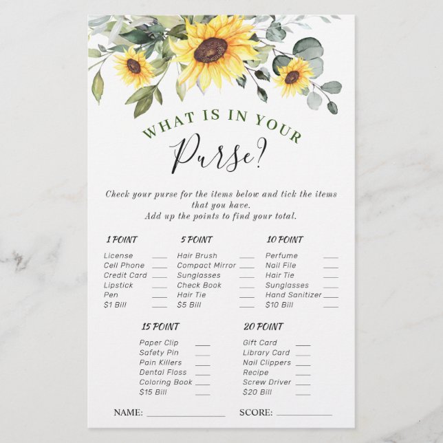 Elegant Sunflowers Eucalyptus Bridal Shower Game (Front)