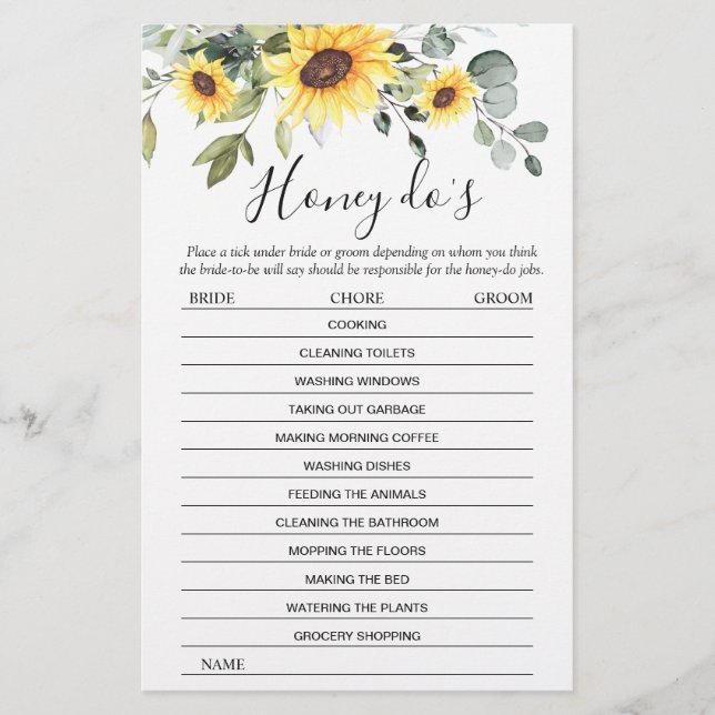 Elegant Sunflowers Eucalyptus Bridal Shower Game (Front)