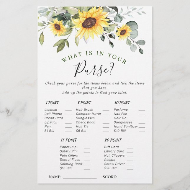 Elegant Sunflowers Eucalyptus Bridal Shower Game (Front)