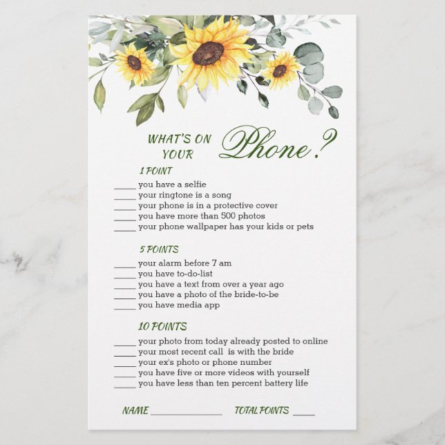 Elegant Sunflowers Eucalyptus Bridal Shower Game (Front)
