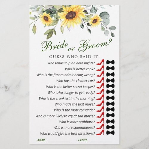 Elegant Sunflowers Eucalyptus Bridal Shower Game