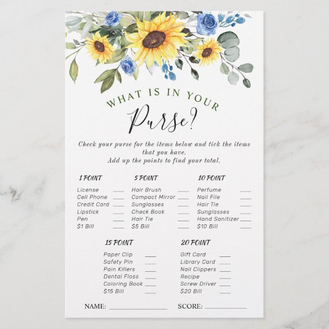Elegant Sunflowers Eucalyptus Bridal Shower Game (Front)